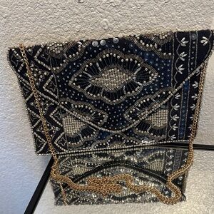 Elegant Beaded Clutch - Navy blue and silver